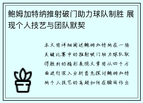 鲍姆加特纳推射破门助力球队制胜 展现个人技艺与团队默契