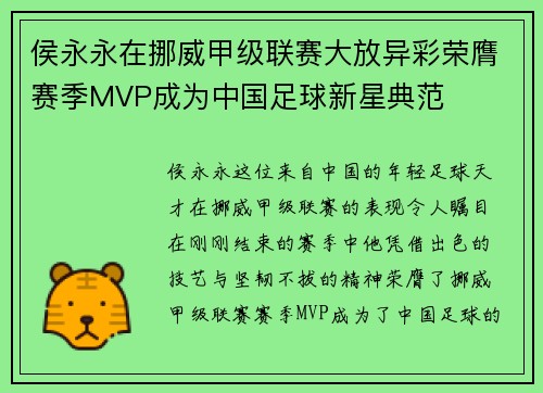 侯永永在挪威甲级联赛大放异彩荣膺赛季MVP成为中国足球新星典范